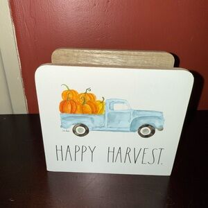 Rae Dunn Happy Harvest Decorative Napkin Holder Blue Truck Pumpkins Wooden